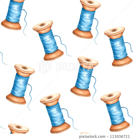 Seamless pattern with wooden spool of thread for clothing production. Hand drawn watercolor illustration of a reel for background design, packaging for needlework. Poster or banner for the website Seamless pattern with wooden spool of thread for clothing production. Hand drawn watercolor illustration of a reel for background design, packaging for needlework. Poster or banner for the website 113036721