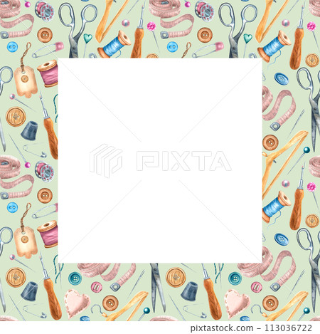 Square frame of scissors, spools of threads, pins, tape measure, thimble, buttons, hanger and needle. Hand drawn watercolor illustration on isolated background. Can be used in printing design Square frame of scissors, spools of threads, pins, tape measure, thimble, buttons, hanger and needle. Hand drawn watercolor illustration on isolated background. Can be used in printing design 113036722