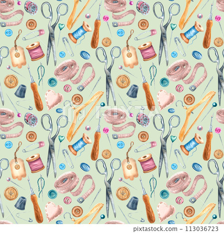 Seamless pattern on a colored background with scissors, spools of threads, pins, tape measure, thimble, buttons, hanger and needle. Hand drawn watercolor illustration for print, textile design, cards 113036723