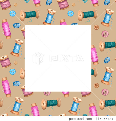 Square frame of spools of sewing threads and buttons in blue, pink and green. Hand drawn watercolor illustration on isolated background. Can be used in scrapbooking and postcards, printing design 113036724