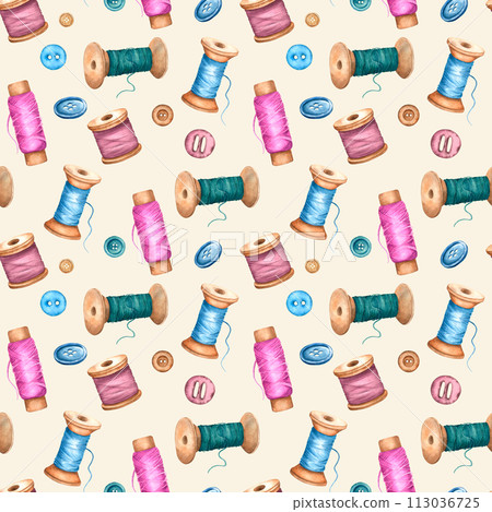 Seamless watercolor surface pattern on a colored background with spools of sewing threads and buttons. Hand drawn illustration of ornament. Can be used in print design, for card, wallpaper, fabrics 113036725
