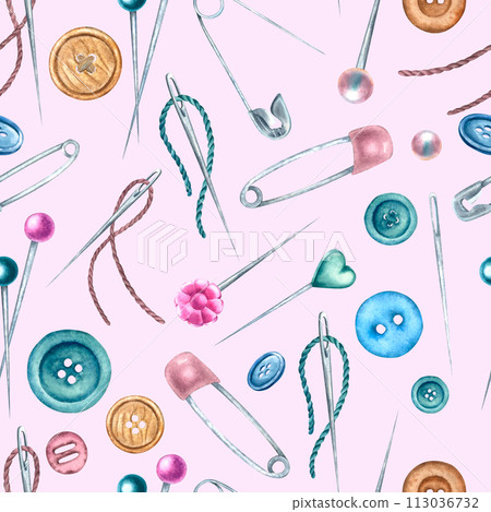 Watercolor pattern on a colored background with buttons, needles with threads, different sewing pins, flat plastic head and safety pin. For prints, cards, wrapping paper, wallpaper, textile design 113036732