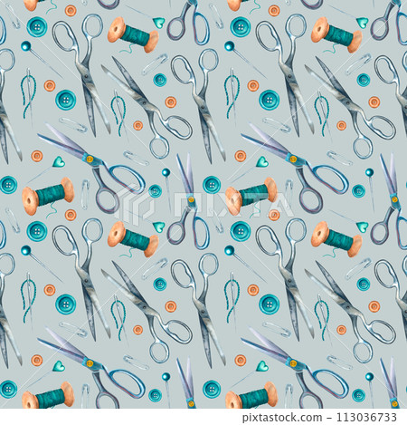 Seamless pattern on a colored background with scissors, spools of threads, safety pins, buttons, needles. Hand drawn watercolor illustration for wrapping paper, packaging, wallpaper, textile design 113036733