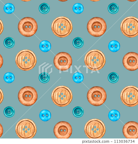 Seamless pattern on a colored background with wooden buttons in brown, blue and turquoise. Hand drawn watercolor illustration for design on fabric and background, wrapping paper, packaging, wallpaper 113036734