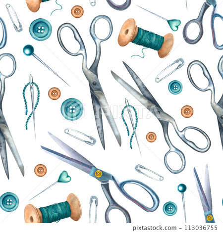 Seamless pattern with scissors, spools of threads, safety pins, buttons, needles. Hand drawn watercolor illustration on isolated background use for wrapping paper, packaging, wallpaper, textile design 113036755