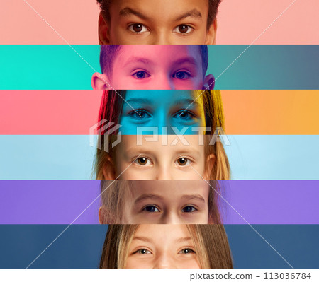 Striped collage. Cropped portrait of eyes of cute, little children, boys and girls against multicolored studio background. 113036784