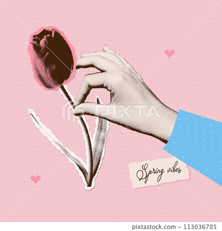 Modern female hand with tulip flower in retro halftone collage style. Woman's hand with a vintage dotted effect. Vector illustration. 113036785