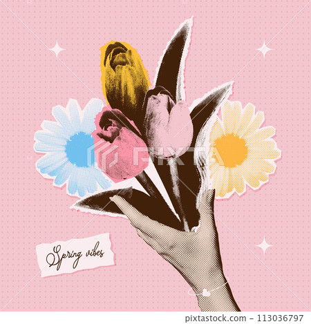 Halftone hand holding bouquet of retro flowers collage elements. Trendy modern retro sticker for Spring vibes, Mother's day, Birthday. Vector illustration with isolated elements. 113036797