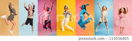 Energetic collage made of dynamic photos of happy, smiling children dancing in motion against multicolored studio background. 113036805