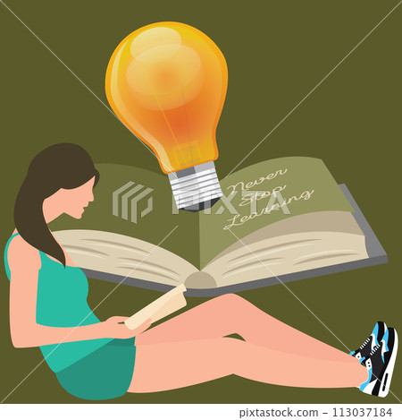 never stop learning, girl reads book, light bulb shines never stop learning, girl reads book, light bulb shines 113037184