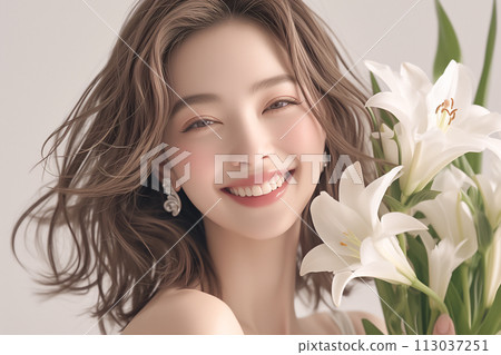 Happy glowing smiling woman with white lily Happy glowing smiling woman with white lily 113037251