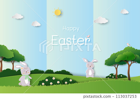 Happy Easter background with cute rabbits happy in the garden Happy Easter background with cute rabbits happy in the garden 113037253
