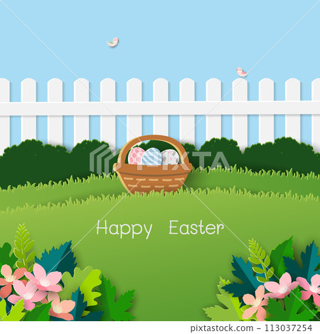 Happy Easter background on paper cut and craft style 113037254