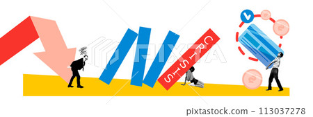 Banner. Contemporary art collage. Young people trying to overcome crisis situations in company at expense of credit funds Banner. Contemporary art collage. Young people trying to overcome crisis situations in company at expense of credit funds 113037278