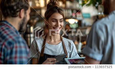 Smiling young waitress taking an order from customers at a bustling cafe. Casual ambiance, focused on customer service and friendly interaction. Perfect for hospitality themes. AI Smiling young waitress taking an order from customers at a bustling cafe. Casual ambiance, focused on customer service and friendly interaction. Perfect for hospitality themes. AI 113037325