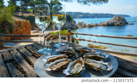 Romantic Seafront Dining Setting with Fresh Oysters and White Wine. Perfect for Date Nights and Gourmet Experiences by the Seaside. Capture the Essence of Luxury Travel. AI 113037371