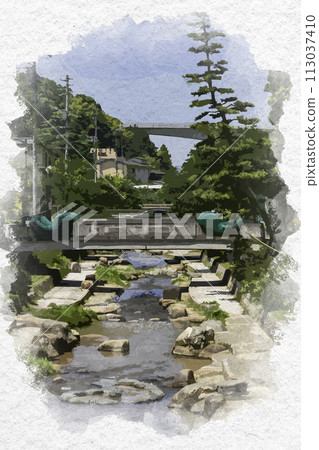 Watercolor style, Tamatsukuri Onsen, Tamayu River, Magatama Island, Matsue City, Shimane Prefecture Watercolor style, Tamatsukuri Onsen, Tamayu River, Magatama Island, Matsue City, Shimane Prefecture 113037410