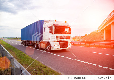 A container truck with a semi-trailer transports cargo from a port to another country along a highway in the summer against the backdrop of the sun. Logistics in cargo transportation, business 113037517