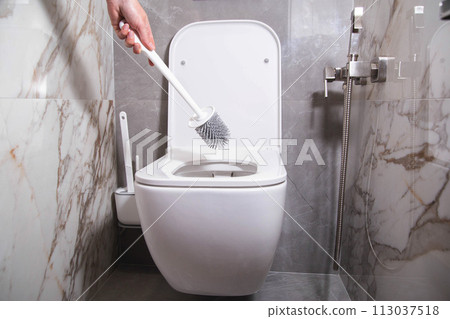 Modern silicone brush for cleaning the dirt of the wall-mounted toilet. Toilet care and hygiene concept, close-up 113037518