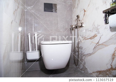 The interior of a modern toilet with gray porcelain tiles on the walls, a wall-hung toilet and a hygienic shower. Toilet brushes 113037519