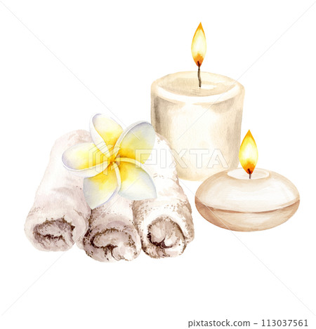 watercolor white cotton towels for spa treatments with frangipani flower and white burning candles with fire, for spa salon and white tropical exotic plumeria flower, summer illustration for spa watercolor white cotton towels for spa treatments with frangipani flower and white burning candles with fire, for spa salon and white tropical exotic plumeria flower, summer illustration for spa 113037561