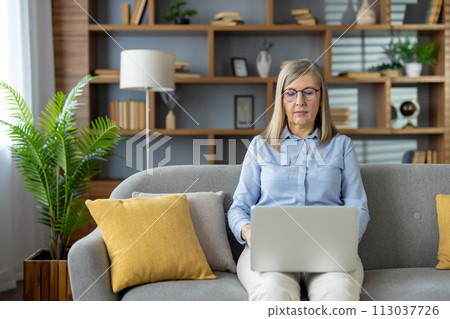 Professional woman sitting on a couch, engaged in remote work on her laptop in a cozy living room. Professional woman sitting on a couch, engaged in remote work on her laptop in a cozy living room. 113037726