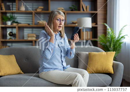 Mature lady showing confusion and disappointment while using her mobile phone, sitting on the couch in a cozy living room. Mature lady showing confusion and disappointment while using her mobile phone, sitting on the couch in a cozy living room. 113037737