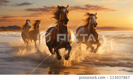Wild horses running in water at sunset, California, United States. Generate AI 113037867