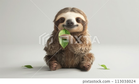 Smiling Sloth Holding a Green Leaf in Studio 113038024