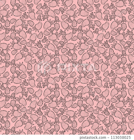 Hand drawn black pencil and marker strawberries seamless pattern isolated on strawberry milkshake background. Can be used for textile, fabric and other printed products. 113038025