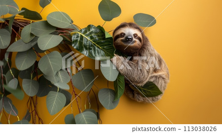 Adorable Sloth Climbing Among Green Leaves 113038026