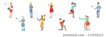 People Character Take Selfie and Pose for Photo Vector Set 113038222