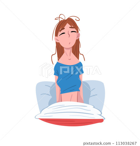 Sleepy Young Woman Sitting in her Bed after Waking Up, People Activity Daily Routine Cartoon Style Vector Illustration on White Background Sleepy Young Woman Sitting in her Bed after Waking Up, People Activity Daily Routine Cartoon Style Vector Illustration on White Background 113038267