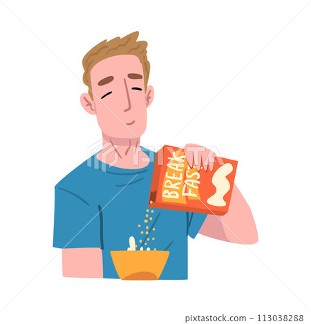 Guy Having Breakfast at Kitchen Table, People Activity Daily Routine Cartoon Style Vector Illustration on White Background 113038288