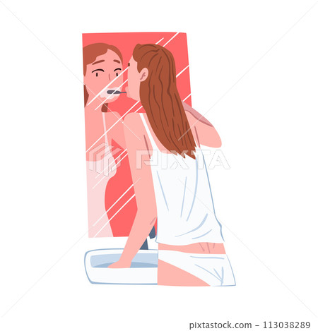 Young Woman Standing in front of Mirror and Brushing her Teeth in Bathroom, People Activity Daily Routine Cartoon Style Vector Illustration on White Background Young Woman Standing in front of Mirror and Brushing her Teeth in Bathroom, People Activity Daily Routine Cartoon Style Vector Illustration on White Background 113038289