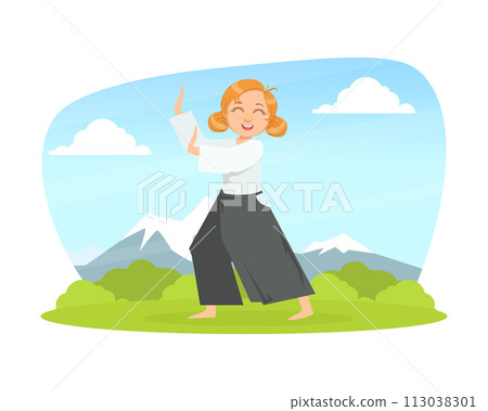 Kid Asian Martial Art Fighter, Girl Athlete Practicing Aikido Technique Outdoors Cartoon Vector Illustration Kid Asian Martial Art Fighter, Girl Athlete Practicing Aikido Technique Outdoors Cartoon Vector Illustration 113038301