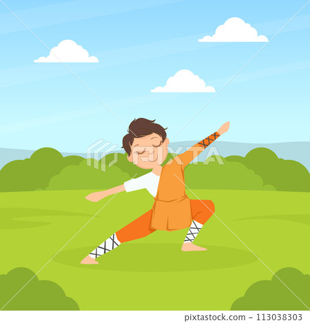 Kid Asian Martial Art Fighter, Cute Boy Athlete Practicing Wushu Technique Outdoors Cartoon Vector Illustration Kid Asian Martial Art Fighter, Cute Boy Athlete Practicing Wushu Technique Outdoors Cartoon Vector Illustration 113038303