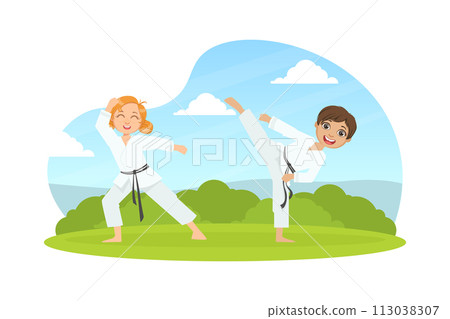 Children Asian Martial Art Fighters, Cute Boy and Girl Athletes Practicing Karate Technique, Kids Wearing Kimono Training Outdoors Cartoon Vector Illustration Children Asian Martial Art Fighters, Cute Boy and Girl Athletes Practicing Karate Technique, Kids Wearing Kimono Training Outdoors Cartoon Vector Illustration 113038307
