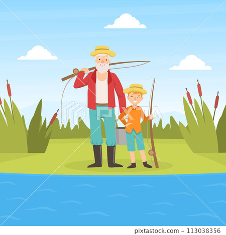 Grandfather and Grandson Going Fishing, Grandparent and Grandchild Having Good Time Together at Sunny Summer Day Cartoon Vector Illustration 113038356