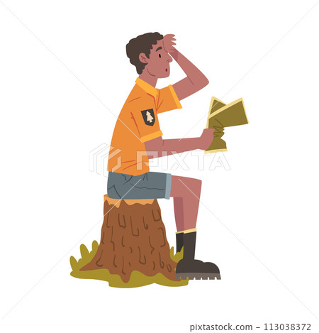 Man Forest Ranger Sitting on Stump with Map, National Park Service Employee Character in Uniform Cartoon Style Vector Illustration 113038372
