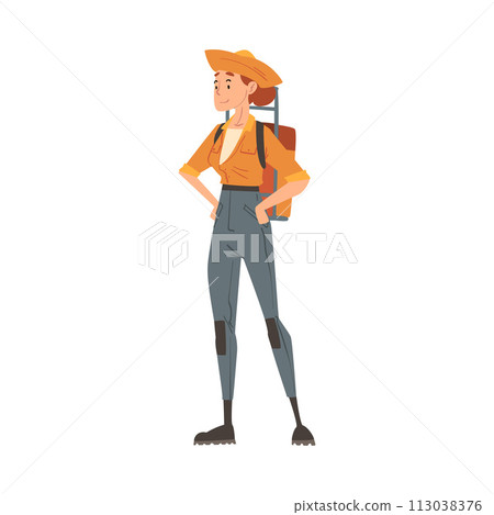 Girl Forest Ranger Standing with Backpack, National Park Service Employee Character in Uniform and Hat Standing with Hands on her Waist Cartoon Style Vector Illustration Girl Forest Ranger Standing with Backpack, National Park Service Employee Character in Uniform and Hat Standing with Hands on her Waist Cartoon Style Vector Illustration 113038376
