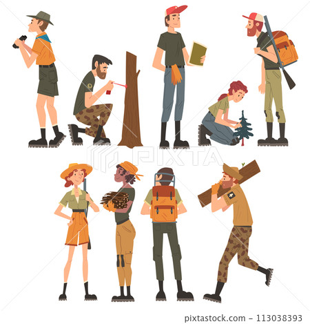 Male and Female Forest Rangers Working in Forest Set, National Park Service Employee Characters in Uniform Cartoon Style Vector Illustration Male and Female Forest Rangers Working in Forest Set, National Park Service Employee Characters in Uniform Cartoon Style Vector Illustration 113038393
