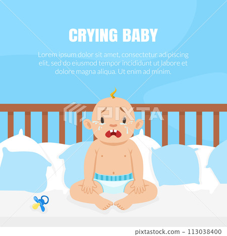 Crying Baby Banner with Place for Text, Cute Little Baby in Diaper Sitting in the Bed and Crying Vector Illustration Crying Baby Banner with Place for Text, Cute Little Baby in Diaper Sitting in the Bed and Crying Vector Illustration 113038400