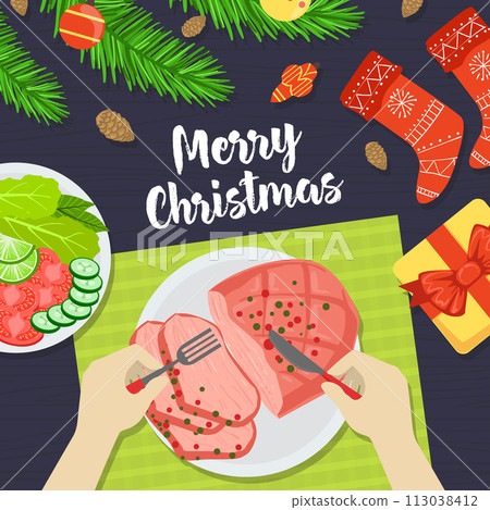 Merry Christmas Banner, Person Eating Festive Dinner with Fork and Knife View from Above Flat Vector Illustration 113038412