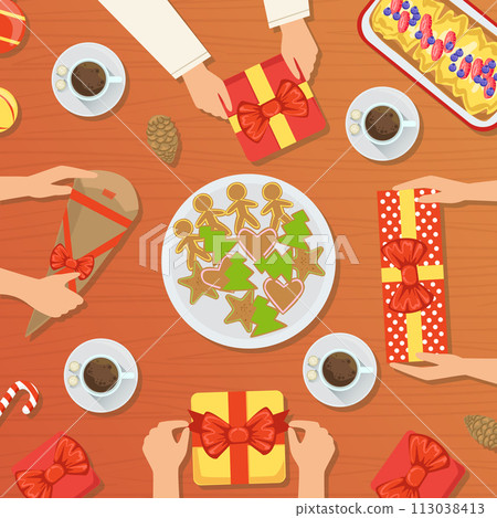 Family Celebrating Christmas at Home, People Having Dinner Together and Exchanging Gifts, View from Above Flat Vector Illustration Family Celebrating Christmas at Home, People Having Dinner Together and Exchanging Gifts, View from Above Flat Vector Illustration 113038413