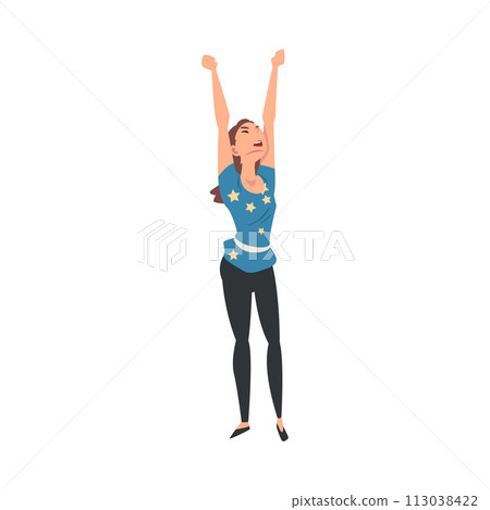 Young Cheerful Woman Singing Along and Dancing at Concert Vector Illustration Young Cheerful Woman Singing Along and Dancing at Concert Vector Illustration 113038422