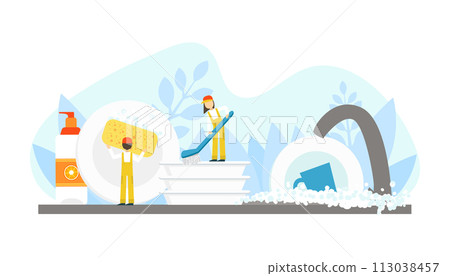 Tiny Professional Workers in Uniform Washing The Dishes in Kitchen, Cleaning Company Staff at Work Flat Vector Illustration 113038457