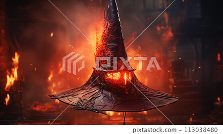 Portrait of a wizard in a hat with a beard in the smoke , Generate AI 113038480