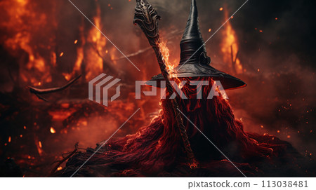 Portrait of a wizard in a hat with a beard in the smoke , Generate AI 113038481