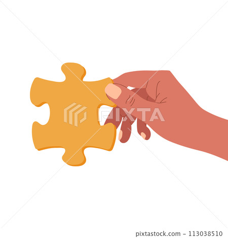Hand with a puzzle piece. Puzzle pieces symbol of teamwork. Solving a business problem in a puzzle, partnership success. Vector 113038510